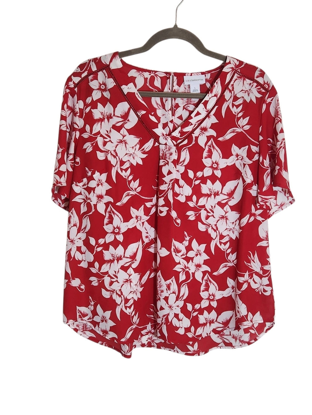 Liz Claiborne Red and White Floral Print V-Neck Blouse Size Large